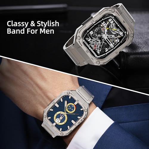 PanPinnacle Mechanical Metal Watch Case with Band Compatible with Apple Watch Series 11/10 46mm Band,Rugged Military Stainless Steel Protective Bumper Cover,Tough Business iwatch Band Strap for Men,Titanium - Image 2