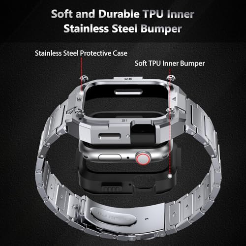 PanPinnacle Mechanical Metal Watch Case with Band Compatible with Apple Watch Series 11/10 46mm Band,Rugged Military Stainless Steel Protective Bumper Cover,Tough Business iwatch Band Strap for Men,Titanium - Image 3