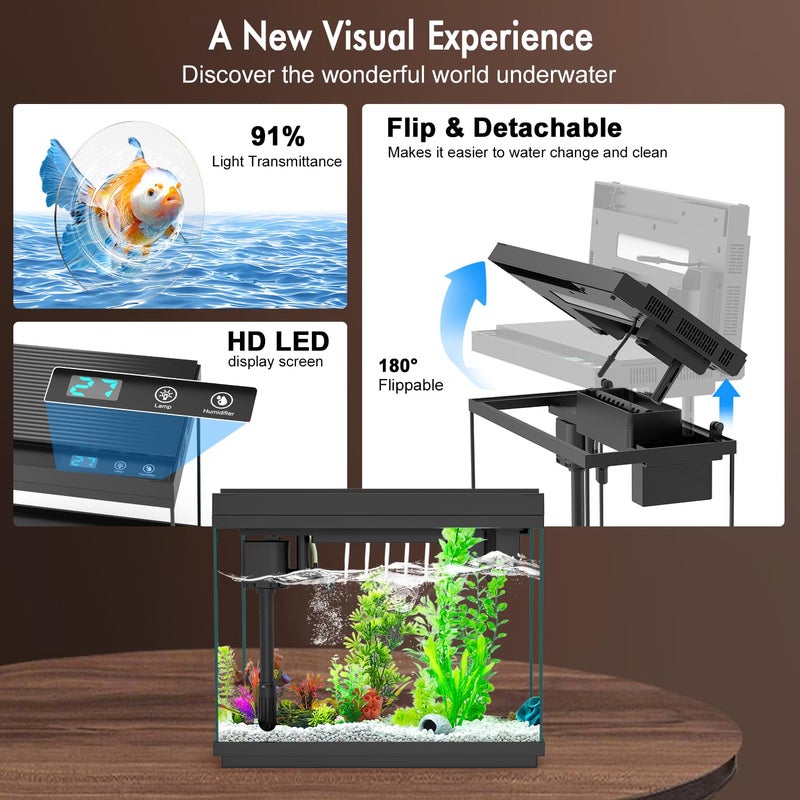 Rechale Smart Aquarium Fish Tank with Silent Water Pump, 2.4 Gallon Small Aquarium with Quick Start Kit, Temperature Display, Humidifier and RGB Lights, Perfect for Home, Office, and Decor, Black - Image 3