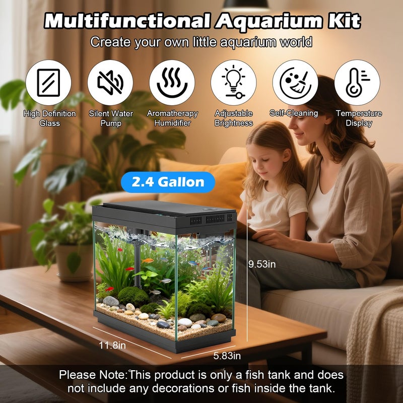 Rechale Smart Aquarium Fish Tank with Silent Water Pump, 2.4 Gallon Small Aquarium with Quick Start Kit, Temperature Display, Humidifier and RGB Lights, Perfect for Home, Office, and Decor, Black - Image 2