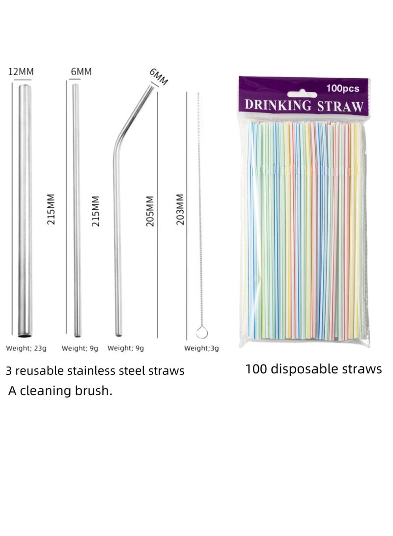 Disposable Drinking Straws Food Grade, Reusable Stainless Steel Straws with Cleaning Brush, Plastic Drinking Straws Set with 3 Metal Straws and 100 Disposable Straws for Juice, Coffee and Smoothies - Image 2