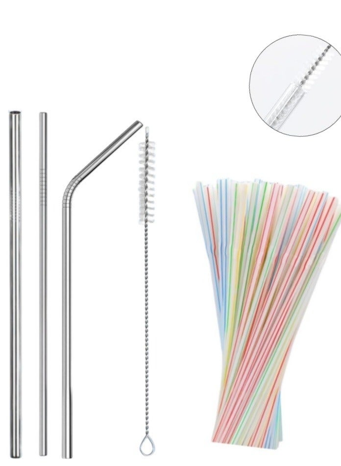 Disposable Drinking Straws Food Grade, Reusable Stainless Steel Straws with Cleaning Brush, Plastic Drinking Straws Set with 3 Metal Straws and 100 Disposable Straws for Juice, Coffee and Smoothies - Image 1