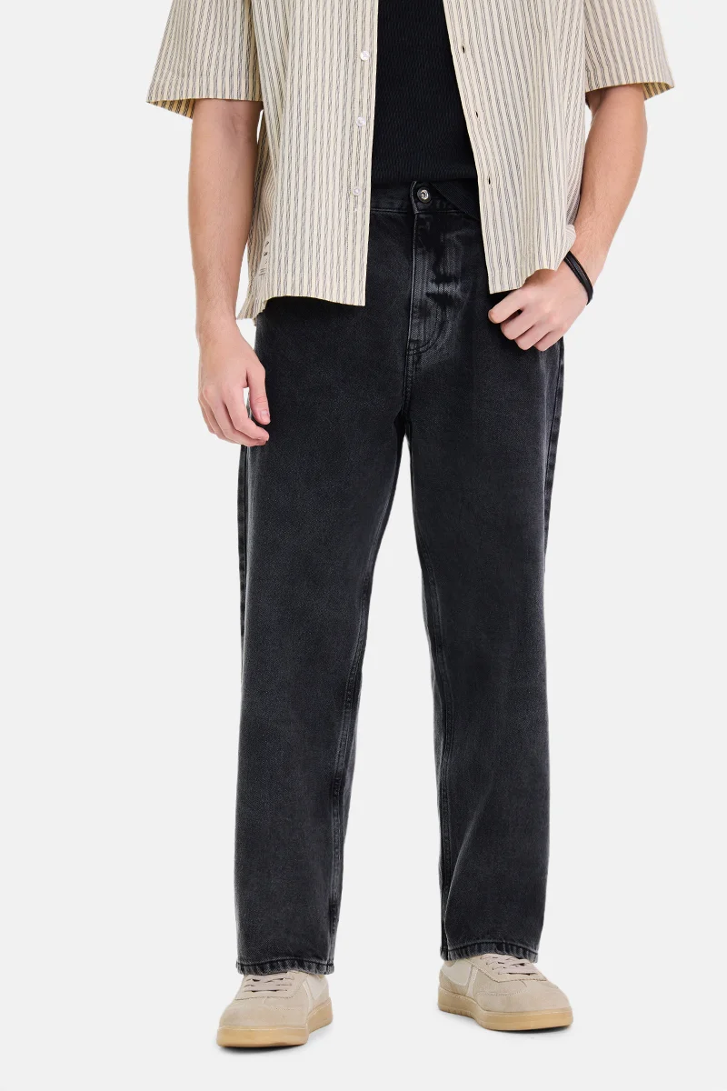 سنيتش Black Solid Wide Leg Streetwear Jeans