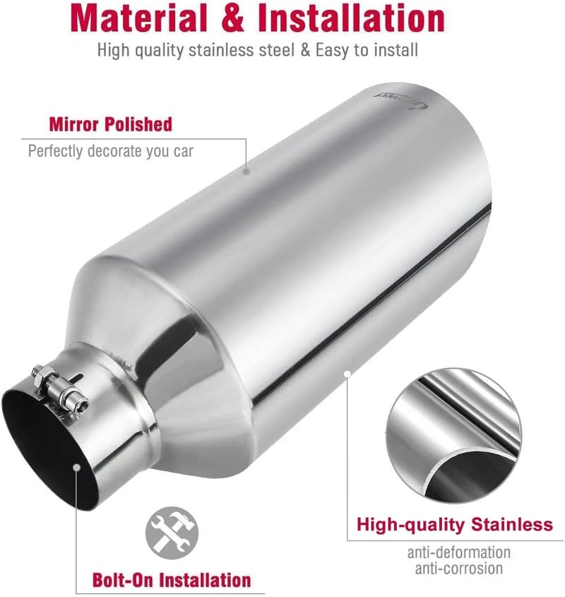 U-Power 4" to 8" Exhaust Tip Mirror Polished 4 Inch Inlet 8 Inch Outlet Diesel Exhaust Tailpipe 18" Long 45 Degree Angle Cut Bolt-On Universal for Trucks Pickup Car - Image 5