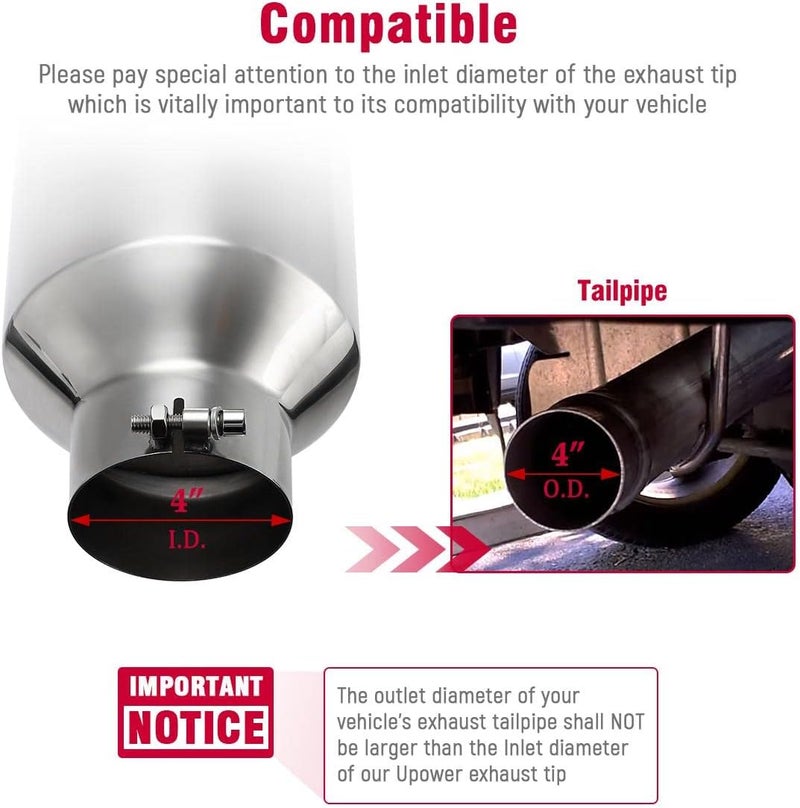 U-Power 4" to 8" Exhaust Tip Mirror Polished 4 Inch Inlet 8 Inch Outlet Diesel Exhaust Tailpipe 18" Long 45 Degree Angle Cut Bolt-On Universal for Trucks Pickup Car - Image 2