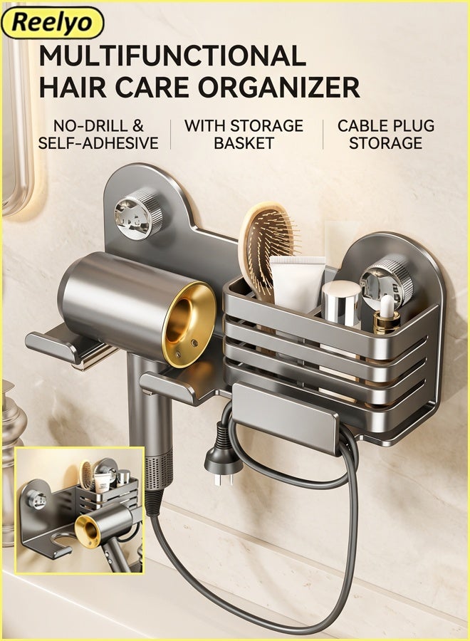 Reelyo Hair Dryer Holder Bathroom Organizer Wall Mounted, No Drill Blow Dryer Stand with Skincare Storage Basket & Cable Plug Hook, Space Saving for Home Washroom Vanity (Grey) - Image 1