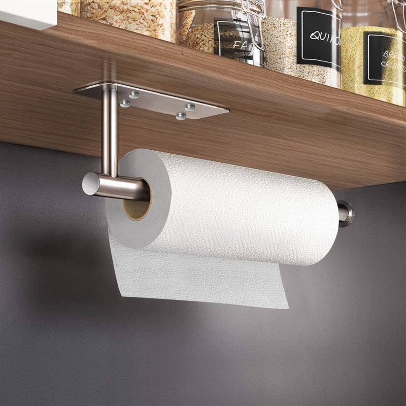 VAEHOLD Self Adhesive Paper Towel Holder Under Cabinet Mount, Wall Mounted Paper Towel Roll Holder with Damping Effect for Kitchen, Bathroom, Wall - SUS304 Stainless Steel (Brushed Silver) - Image 2