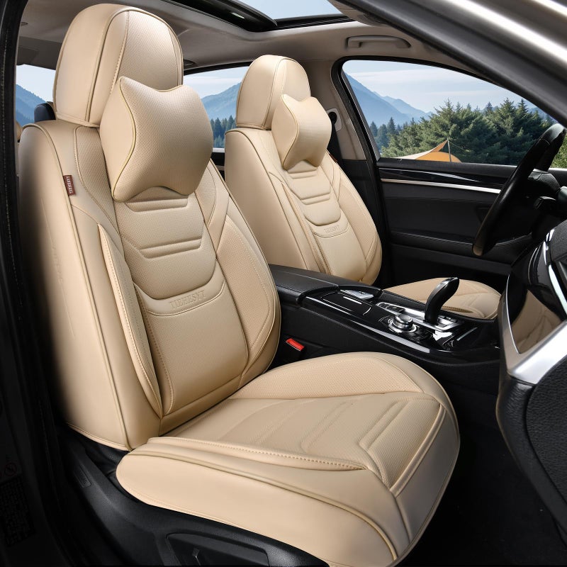 TIEHESYT Leather Seat Covers Front Pair with Lumbar Support and Headrest Breathable and Waterproof Car Seat Cover Universal Seat Covers for Cars Trucks SUVs Airbag Compatible Beige