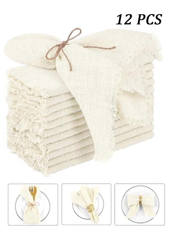 Unewshi Cotton Linen Cloth Napkin, 12 Pcs Handmade Cloth Napkin with Fringe, 32x 32cm Soft Cloth Dinner Wedding Napkin Square Rustic Fringe Napkin for Dinners, Parties, Weddings, Ivory Wedding Napkin - Image 1