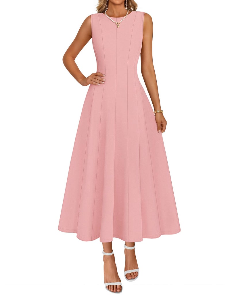 MEROKEETY Women's 2026 Summer Elegant Classy Midi Dress Sleeveless A Line Flowy Formal Cocktail Dresses, Pink, Medium - Image 1