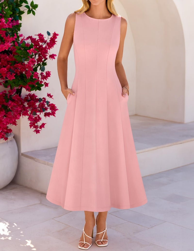 MEROKEETY Women's 2026 Summer Elegant Classy Midi Dress Sleeveless A Line Flowy Formal Cocktail Dresses, Pink, Medium - Image 3