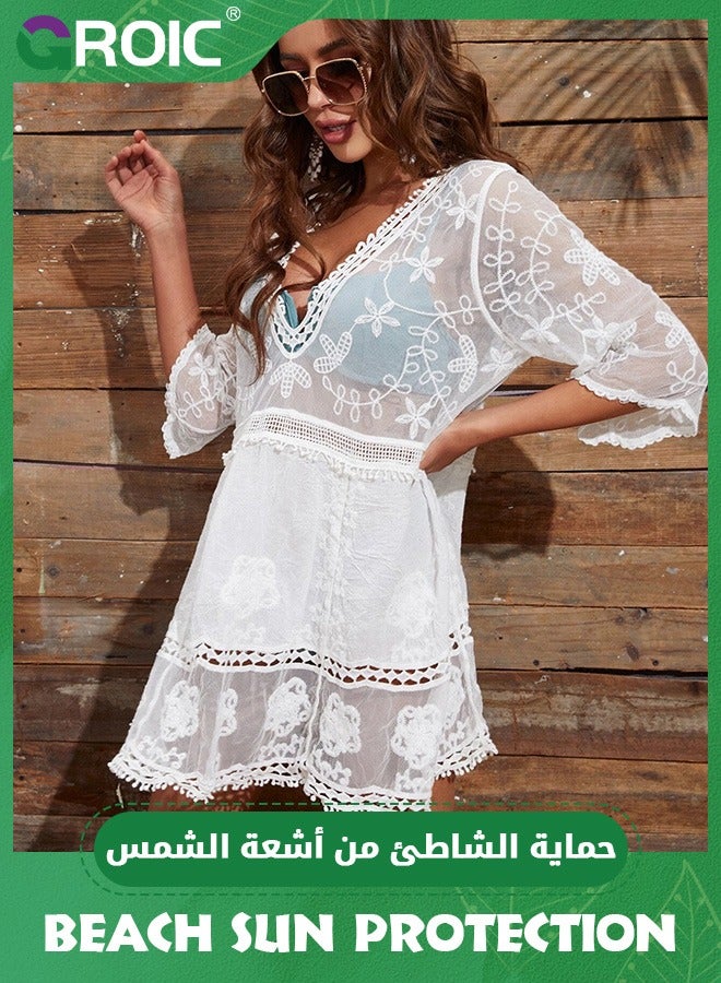 GROIC Women's Lace Bathing Suit Cover Up V-Neck Coverups Swimwear Swimsuit Swim Beach Dress Beachwear,Beach Dresses - Image 5