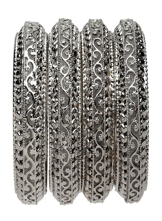 KENNICE Set Of 4 Oxidised Silver-Plated Classic Intricate Textured Bangles Jewellery Set For Girls & Women - Image 3