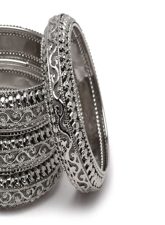KENNICE Set Of 4 Oxidised Silver-Plated Classic Intricate Textured Bangles Jewellery Set For Girls & Women - Image 4
