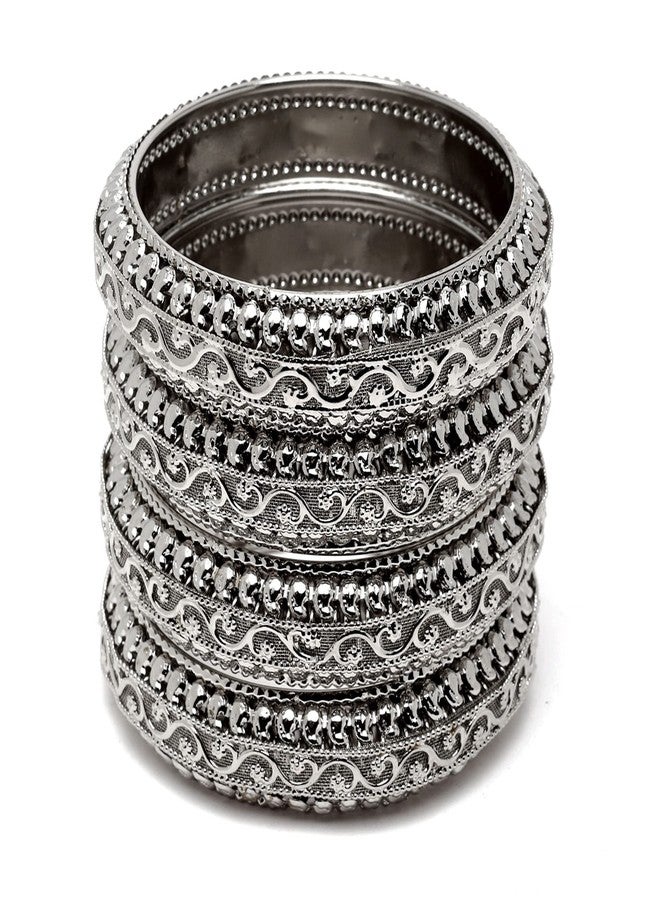 KENNICE Set Of 4 Oxidised Silver-Plated Classic Intricate Textured Bangles Jewellery Set For Girls & Women - Image 1