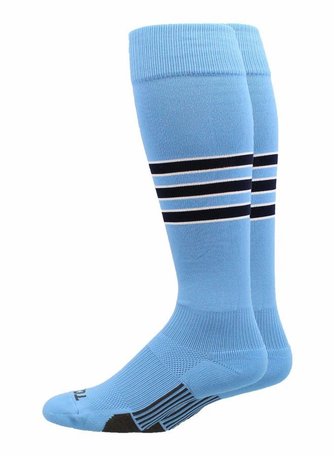 MadSportsStuff Dugout 3 Stripe Baseball Socks (Columbia Blue/Navy/White, Medium) - Image 1