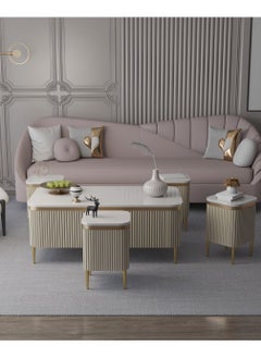 Luxury Coffee Table Set – 5 Pieces, Beige Sand Design with Gold Accents & Marble-Like Surface, Main Table with a Length of 120 cm, Width of 60 cm, and Height of 50 cm, and Four Side Tables with a Length of 30 cm, Width of 30 cm, and Height of 50 cm - pzsku/Z9DC04DD34715ECB1CFB9Z/45/_/1737370098/9731f991-fb67-4298-8afe-081b7becc53a