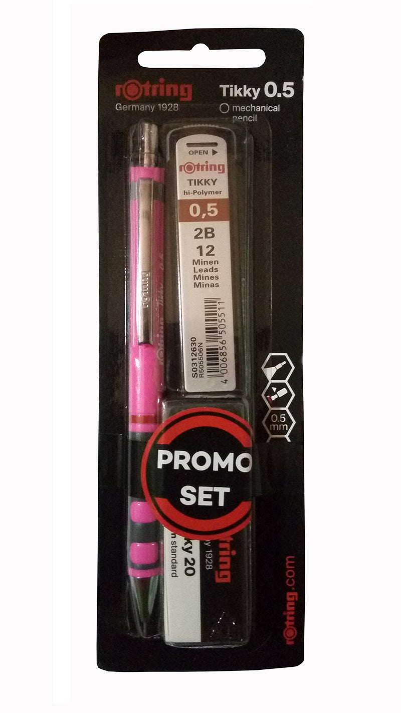 Rotring rOtring Tikky Mechanical Pencil, 0.5mm, Neon Pink Plus 2B Lead Box & Eraser  - Image 2