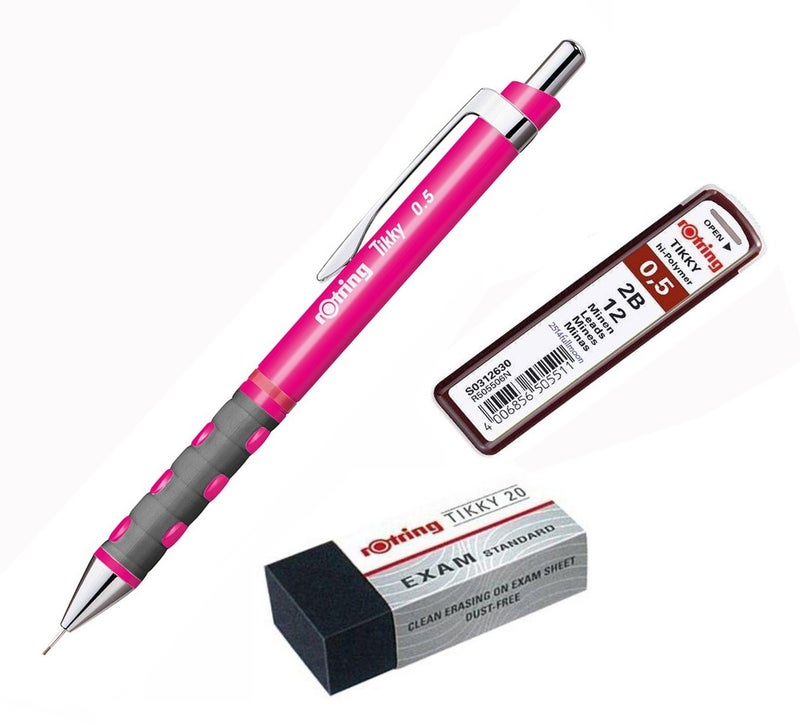 Rotring rOtring Tikky Mechanical Pencil, 0.5mm, Neon Pink Plus 2B Lead Box & Eraser  - Image 1