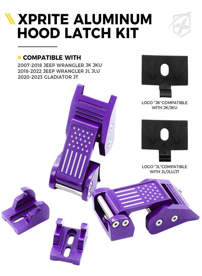 Xprite أقفال غطاء المحرك Xprite بعلم الولايات المتحدة متوافقة مع سيارات جيب رانجلر JK JKU موديلات 2007-2018 وجيب رانجلر JL JLU موديلات 2018-2025 وجيب جلادياتور JT موديلات 2020 وما بعدها - أقفال غطاء محرك آمنة من الألومنيوم، لون بنفسجي - Image 5