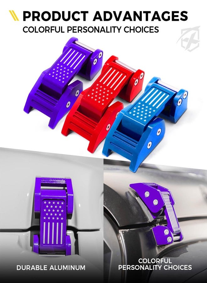 Xprite أقفال غطاء المحرك Xprite بعلم الولايات المتحدة متوافقة مع سيارات جيب رانجلر JK JKU موديلات 2007-2018 وجيب رانجلر JL JLU موديلات 2018-2025 وجيب جلادياتور JT موديلات 2020 وما بعدها - أقفال غطاء محرك آمنة من الألومنيوم، لون بنفسجي - Image 3