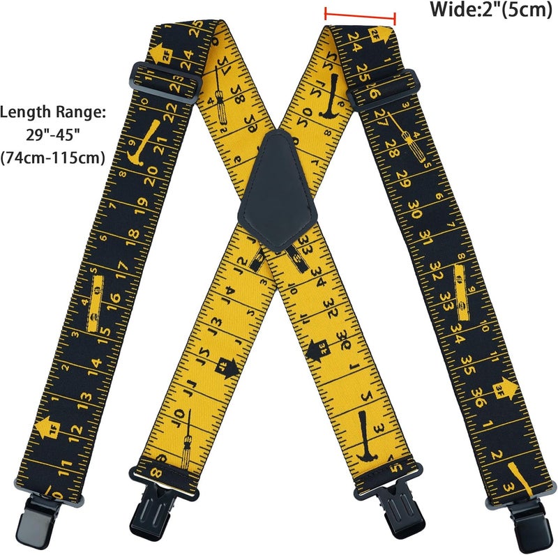 KUNN Men Suspender Tape Measure Pattern 2 inch Suspender Fully Strength Elastic with Heavy Duty Clip Ruler Suspenders, Black Tape Measure, One size Fit most - Image 2