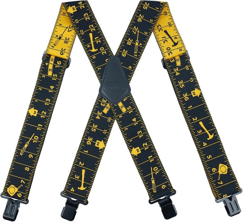 KUNN Men Suspender Tape Measure Pattern 2 inch Suspender Fully Strength Elastic with Heavy Duty Clip Ruler Suspenders, Black Tape Measure, One size Fit most - Image 1