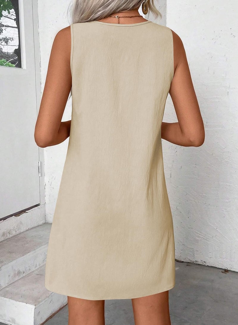 Acelitt Women Casual 2026 Summer Textured Sleeveless Mini Dress Fashion Crew Neck Button Down Beach Dresses Sundress Beige XL - Image 4