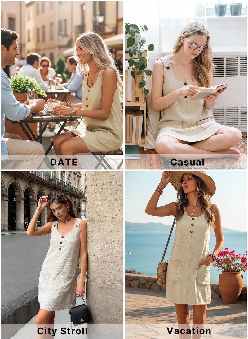 Acelitt Women Casual 2026 Summer Textured Sleeveless Mini Dress Fashion Crew Neck Button Down Beach Dresses Sundress Beige XL - Image 2
