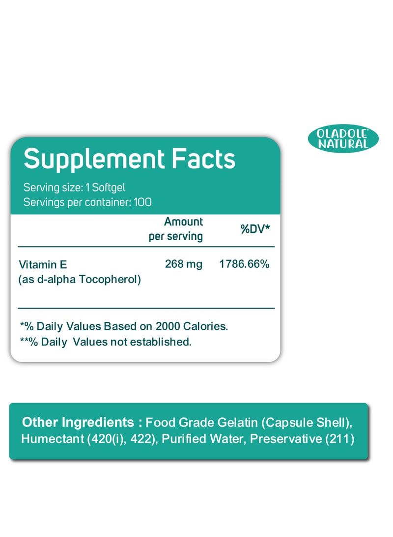 Oladole Natural Vitamin E 400 IU D-Alpha Tocopherol - 100 Softgels - Image 3