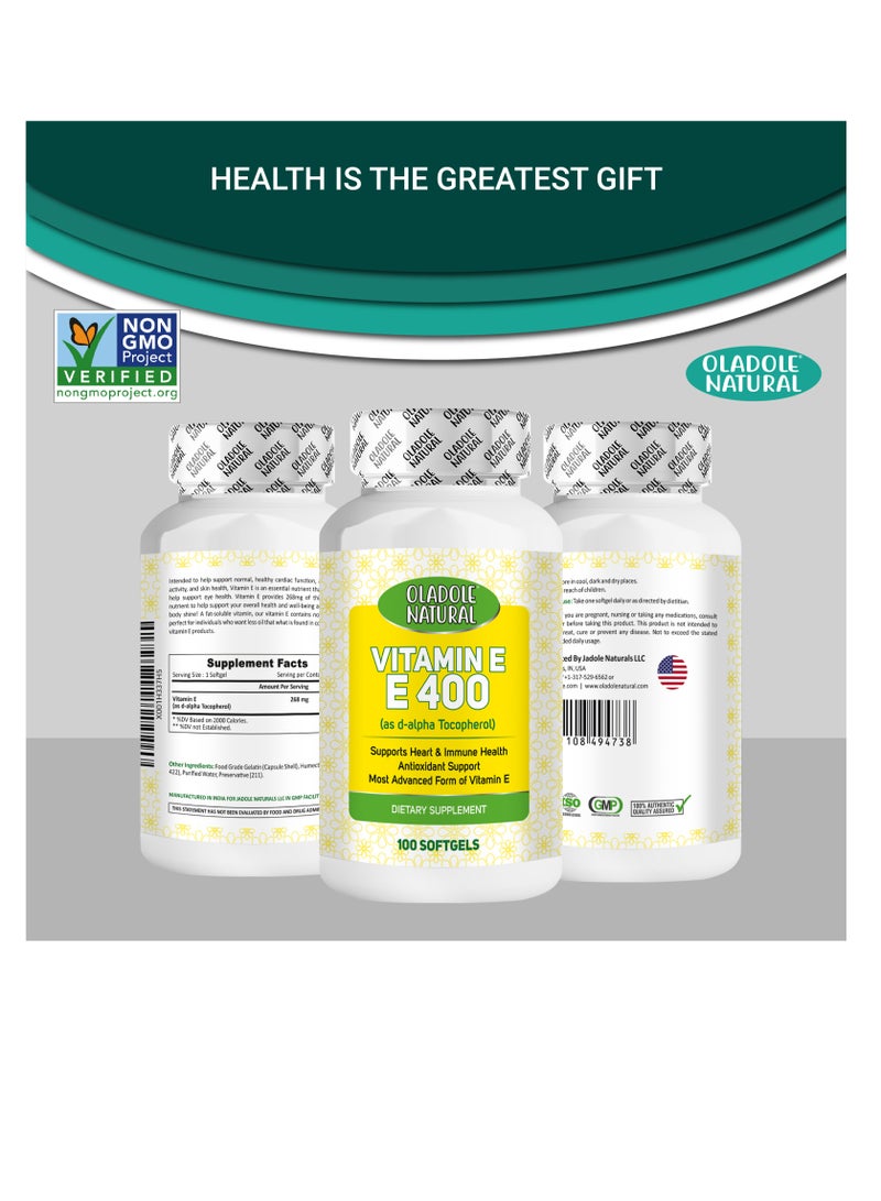 Oladole Natural Vitamin E 400 IU D-Alpha Tocopherol - 100 Softgels - Image 4