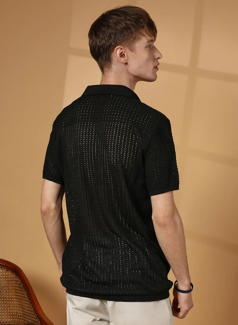 Campus Sutra Men's Raven Black Textured-Knit Polo T-Shirt
