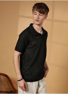 كامبوس سوترا Men's Raven Black Textured-Knit Polo T-Shirt  - Image 3