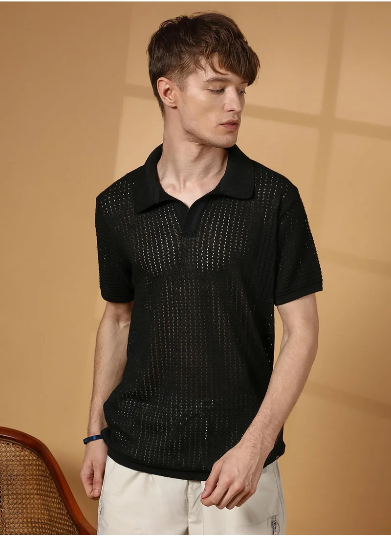 Campus Sutra Men's Raven Black Textured-Knit Polo T-Shirt