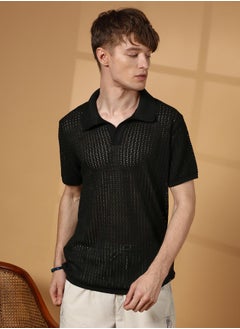 كامبوس سوترا Men's Raven Black Textured-Knit Polo T-Shirt  - Image 2