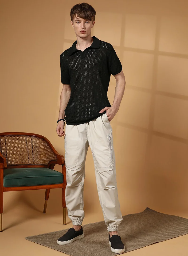 Campus Sutra Men's Raven Black Textured-Knit Polo T-Shirt