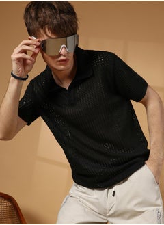 كامبوس سوترا Men's Raven Black Textured-Knit Polo T-Shirt  - Image 1