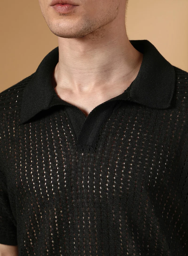 Campus Sutra Men's Raven Black Textured-Knit Polo T-Shirt