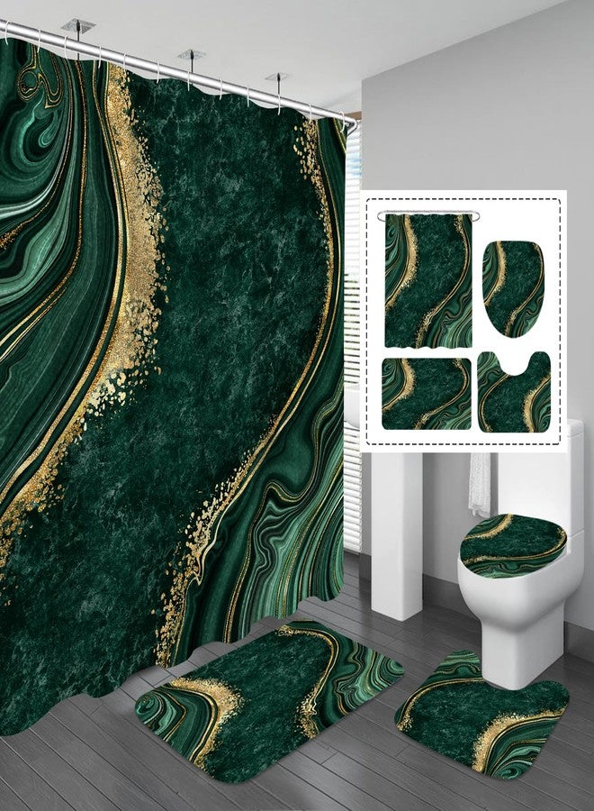 Gibelle 4 Pcs Luxury Marble Shower Curtain Set with Non-Slip Rugs, Toilet Lid Cover and Bath Mat, Gold Foil Emerald Green Bathroom Decor Set with Shower Curtain and Rugs and Accessories - Image 1