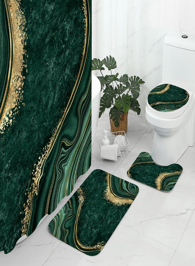 Gibelle 4 Pcs Luxury Marble Shower Curtain Set with Non-Slip Rugs, Toilet Lid Cover and Bath Mat, Gold Foil Emerald Green Bathroom Decor Set with Shower Curtain and Rugs and Accessories - Image 2