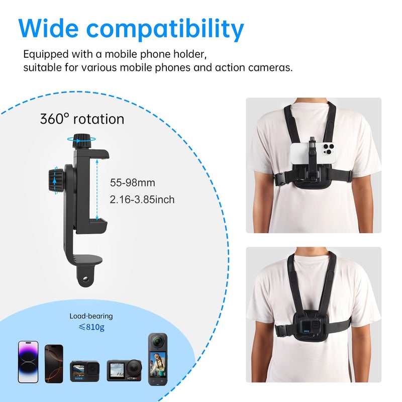 Suptig Phone Chest Mount Phone Harness Strap Holder Compatible for iPhone, Samsung, Gopro, DJI Action, Cell Phones Action Cameras POV/VLOG - Image 3