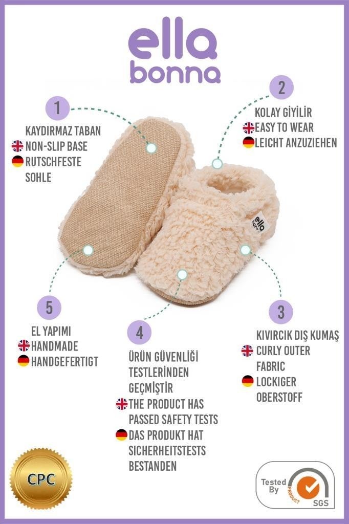 Ella Bonna Teddy Baby Slippers Home Booties, Non-Slip Sole, Organic Cotton Lining Nursery Shoes, Beige  - Image 2