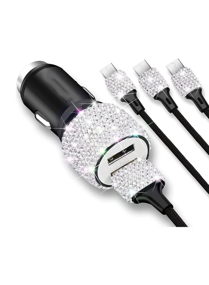 بريتوكتر شاحن سيارة USB مزدوج كريستالي لامع مع مجموعة كابل بيانات كريستالية 3 في 1 مصنوعة يدويًا، شاحن سيارة للهاتف المحمول مجموعة تزيين السيارة للشحن السريع - Image 1