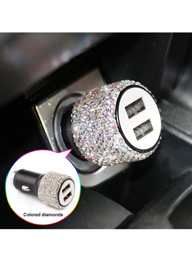 بريتوكتر شاحن سيارة USB مزدوج كريستالي لامع مع مجموعة كابل بيانات كريستالية 3 في 1 مصنوعة يدويًا، شاحن سيارة للهاتف المحمول مجموعة تزيين السيارة للشحن السريع - Image 2