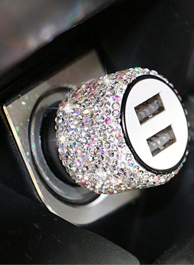 بريتوكتر شاحن سيارة USB مزدوج كريستالي لامع مع مجموعة كابل بيانات كريستالية 3 في 1 مصنوعة يدويًا، شاحن سيارة للهاتف المحمول مجموعة تزيين السيارة للشحن السريع - Image 4