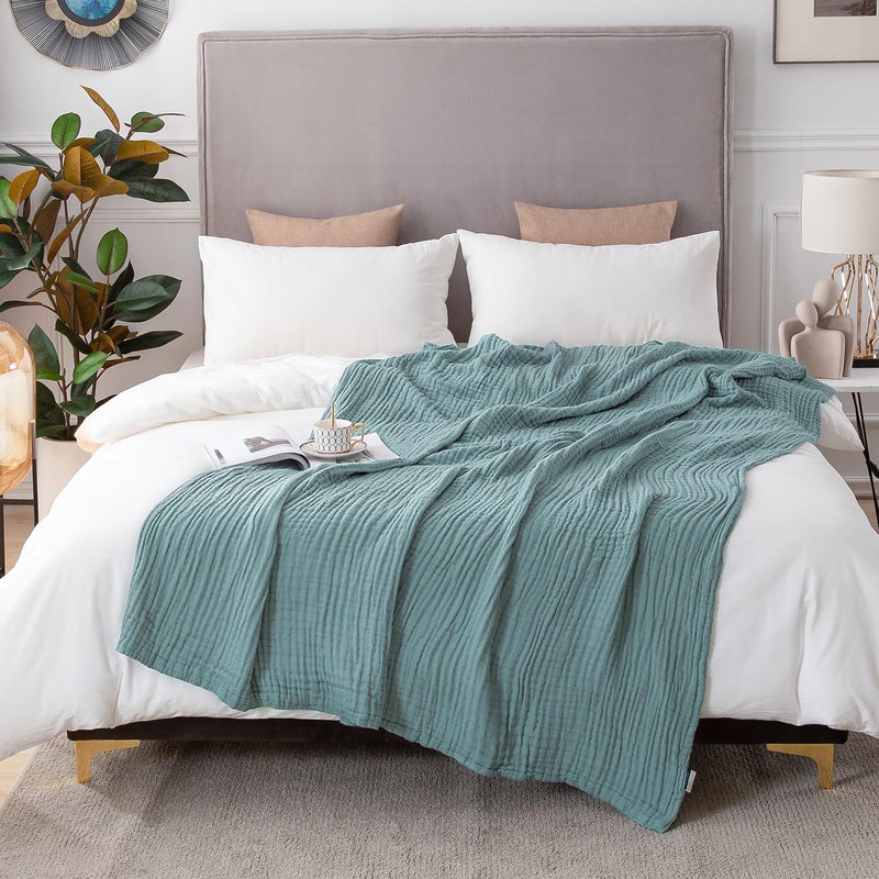 EMME Cotton Muslin Blanket King Size - Soft, Breathable Layering Bedspread Blanket, 108"x90", All Season Gauze, Teal - Image 1