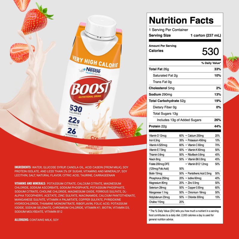 Boost Very High Calorie Strawberry Nutritional Drink - 22g Protein, 530 Nutrient Rich Calories, 8 Fl Oz (Pack of 24) - Image 2