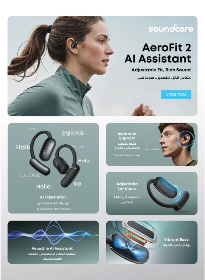 Soundcore AeroFit 2 AI Assistant Open-Ear Headphones by Anker, Pressure-Free Fit, 2x Richer Bass, Real-Time Translation Earbuds, Hi-Res, 35H Playtime, IP55 black - Image 2