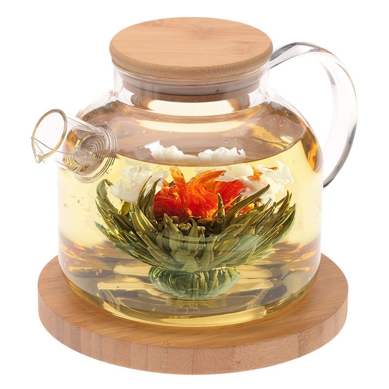 BRUSHFINCH Wooden Lid Glass TeapotCarafes Pitchers with Bamboo Lid 1800ml Loose Leaf Tea Filter Spout Natural Flowering Tea Gift SetGreen Teapot Pack of 1 - Image 4