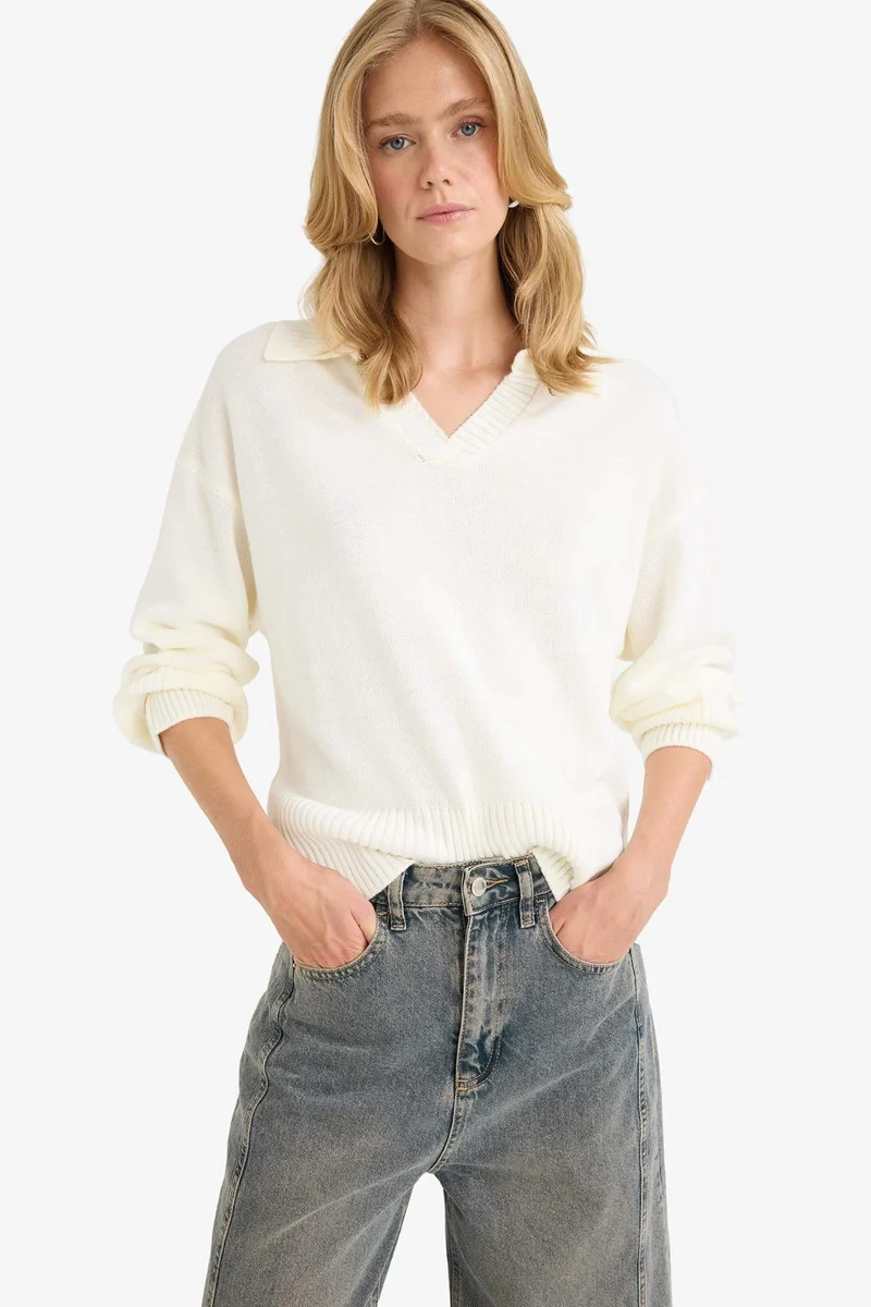 DeFacto Oversize Fit Polo Collar Knitwear Pullover